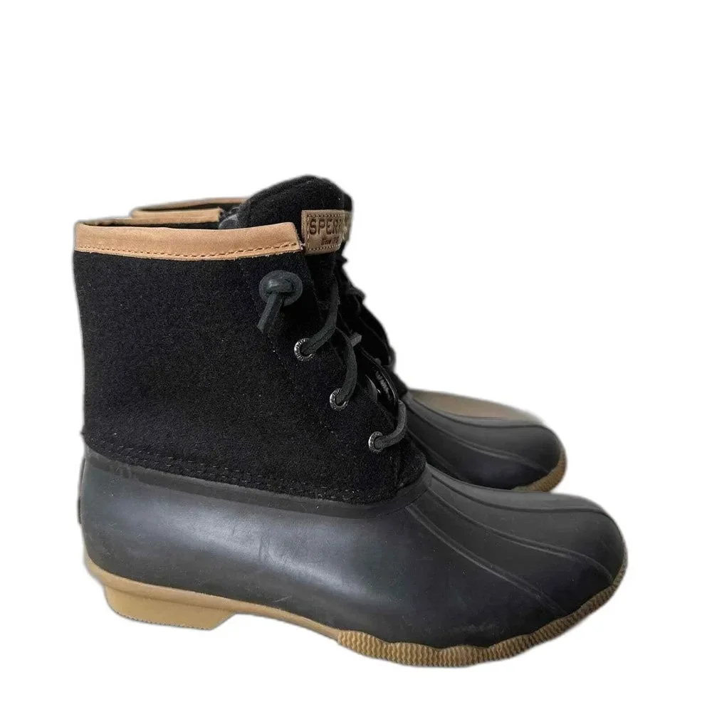 Sperry Duck Boots 7.5 Waterproof Warm Wool Lace Up Rain Snow Cabin Casual Black